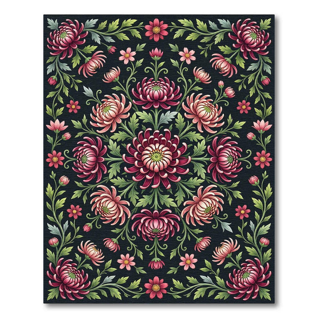 Dark Rose Chrysanthemum Floral Medallion Rug