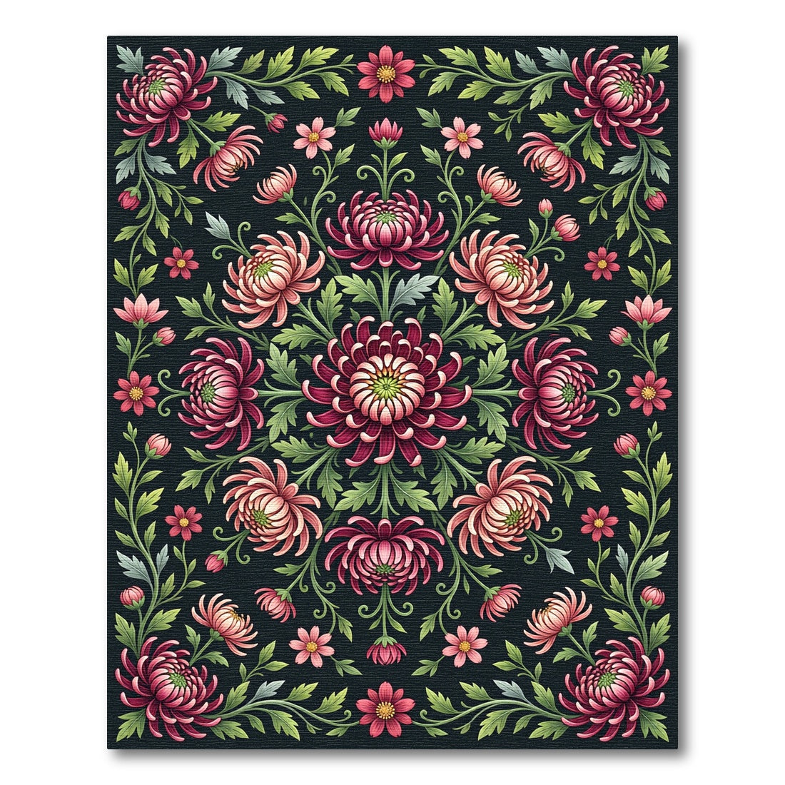 Dark Rose Chrysanthemum Floral Medallion Rug