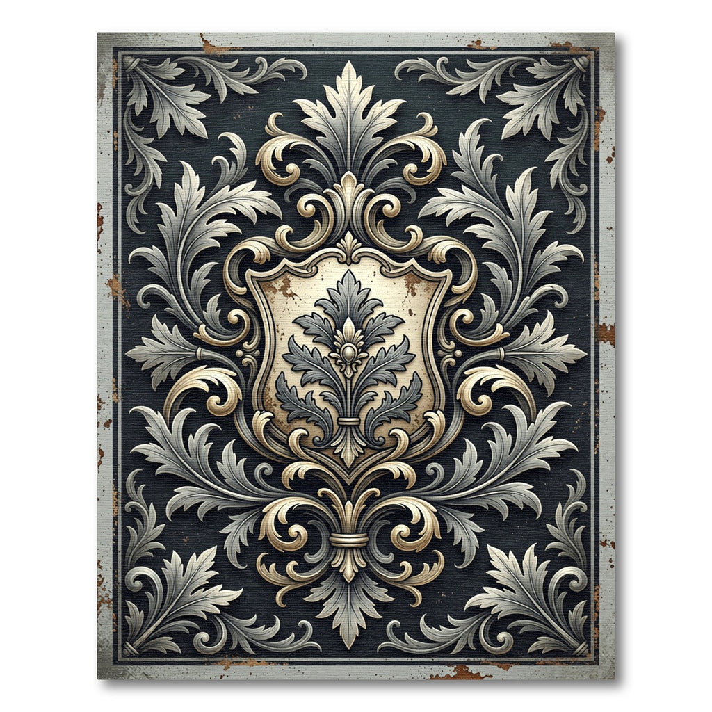 Ornate Charcoal Gray Baroque Scrollwork Rug