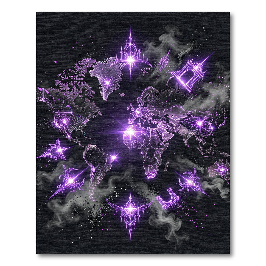Glowing Cosmic Purple World Map Nebula Rug