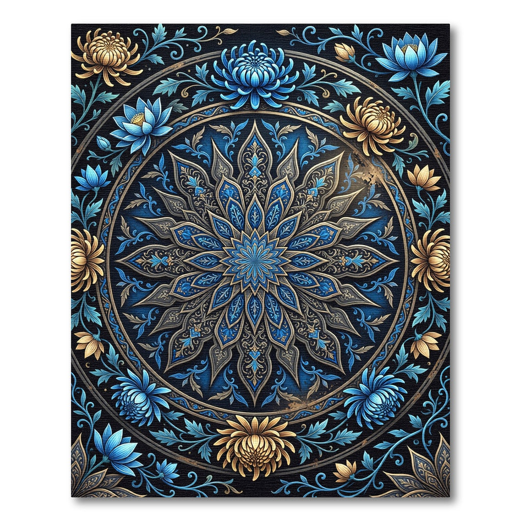 Intricate Blue and Gold Floral Mandala Rug