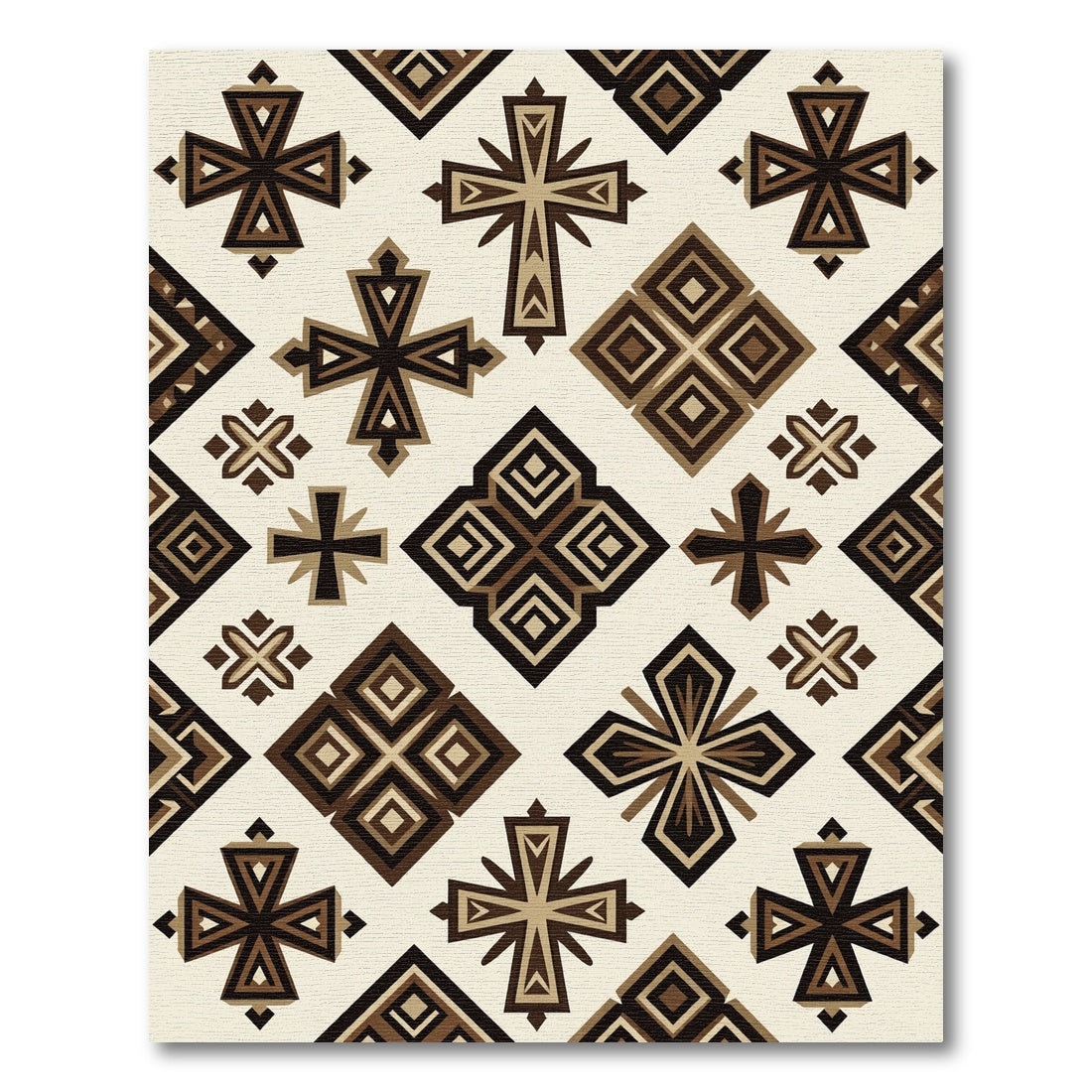 Geometric Brown Crosses and Diamond Blocks Rug