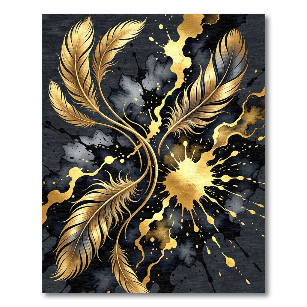 Golden Feather Abstract Ink Splatter Rug