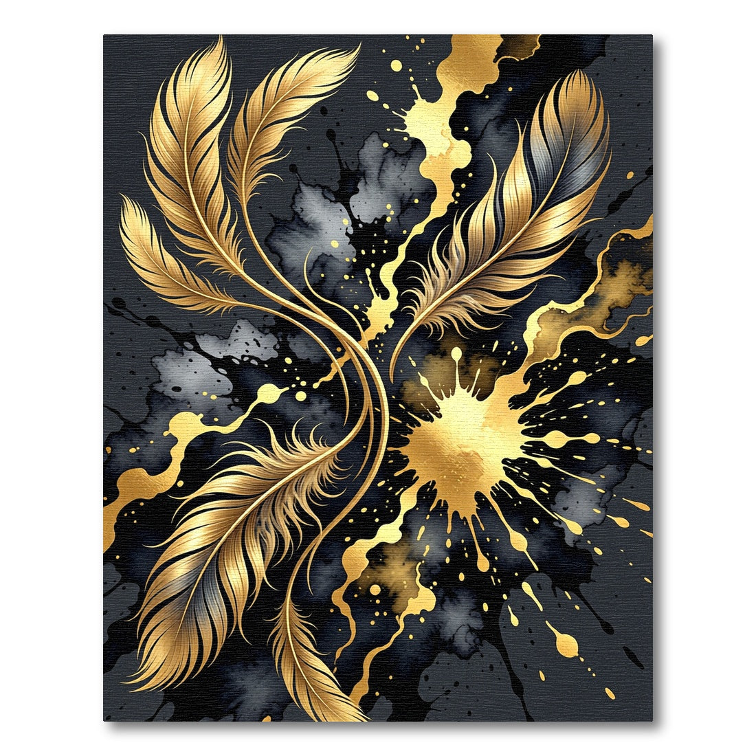 Golden Feather Abstract Ink Splatter Rug