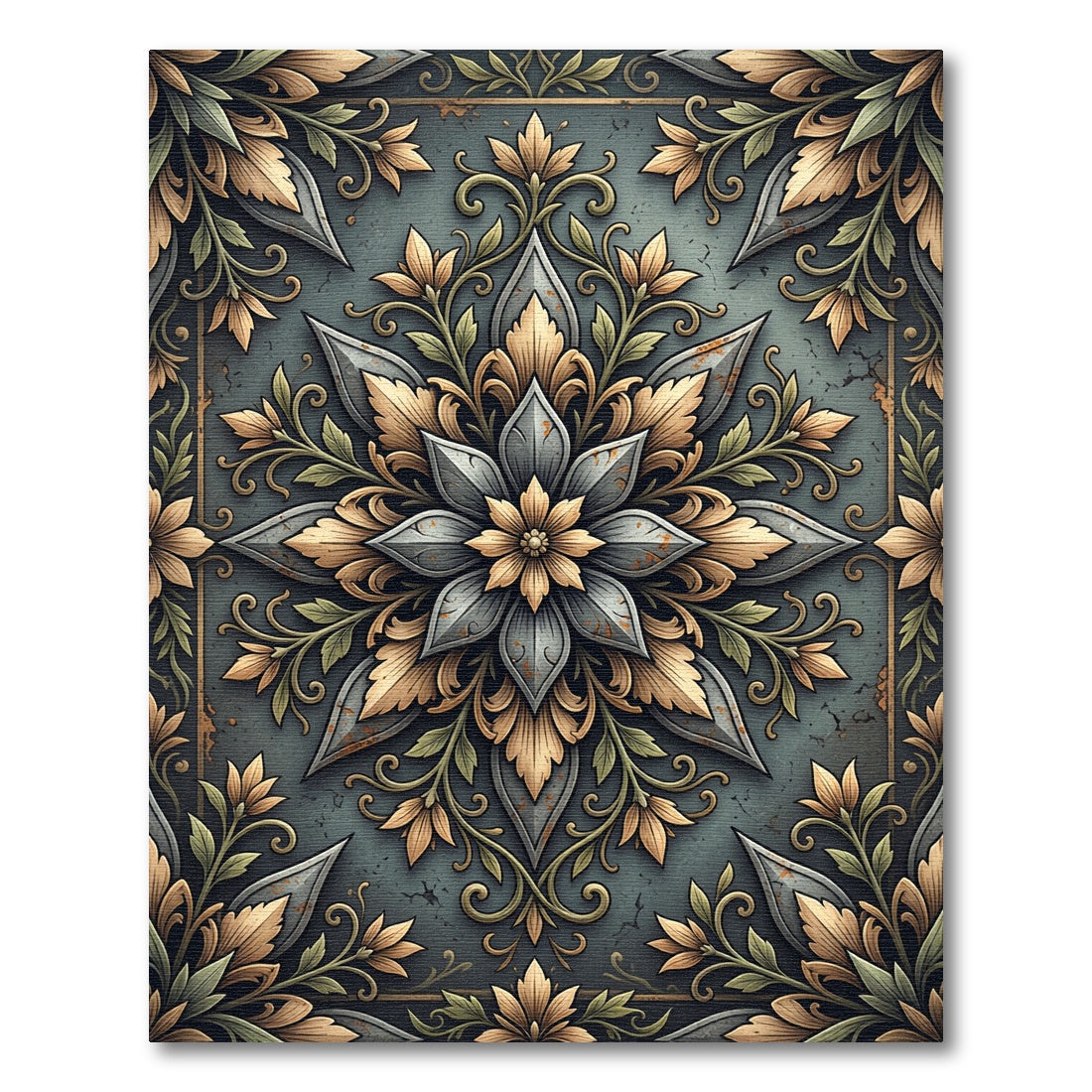 Ornate Slate and Gold Floral Medallion Rug