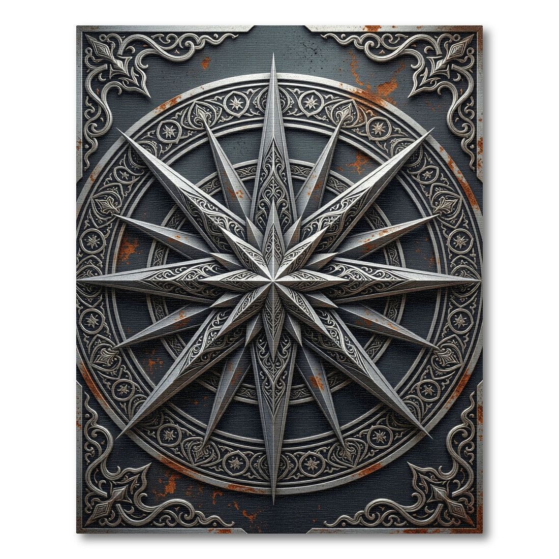 Ornate Metallic Silver Celestial Compass Rug