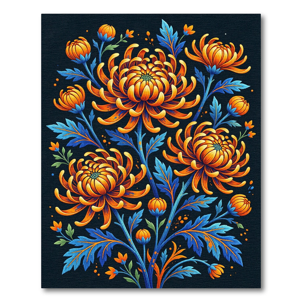 Vibrant Golden Chrysanthemum Floral Navy Rug