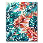 Tropical Coral Teal Palm Leaves Rug