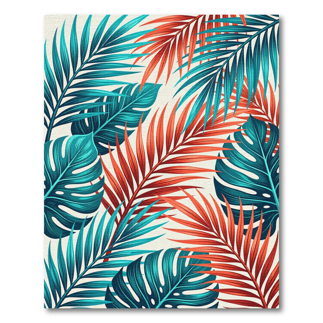 Tropical Coral Teal Palm Leaves Rug