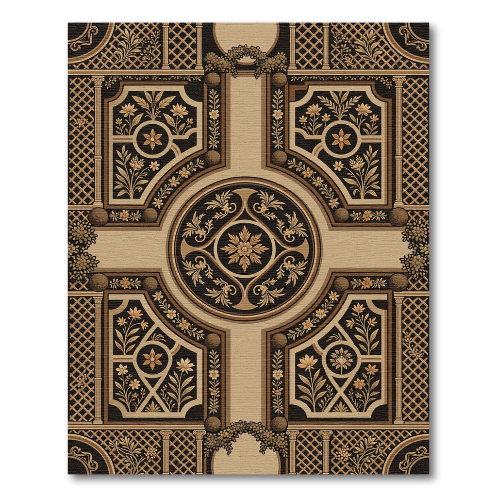 Black and Gold Damask Ornate Medallion Rug