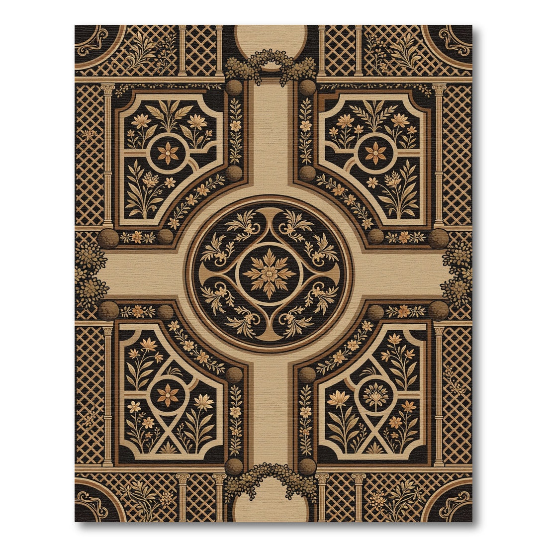Black and Gold Damask Ornate Medallion Rug