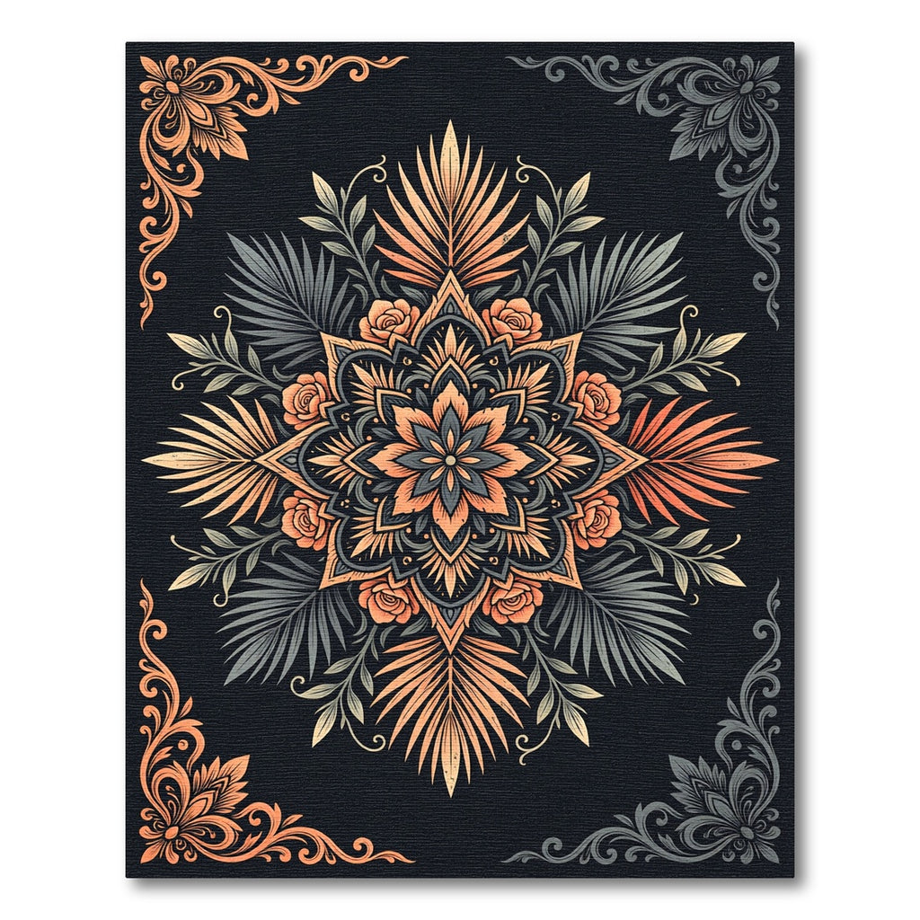 Coral Orange Floral Mandalas with Foliage Rug