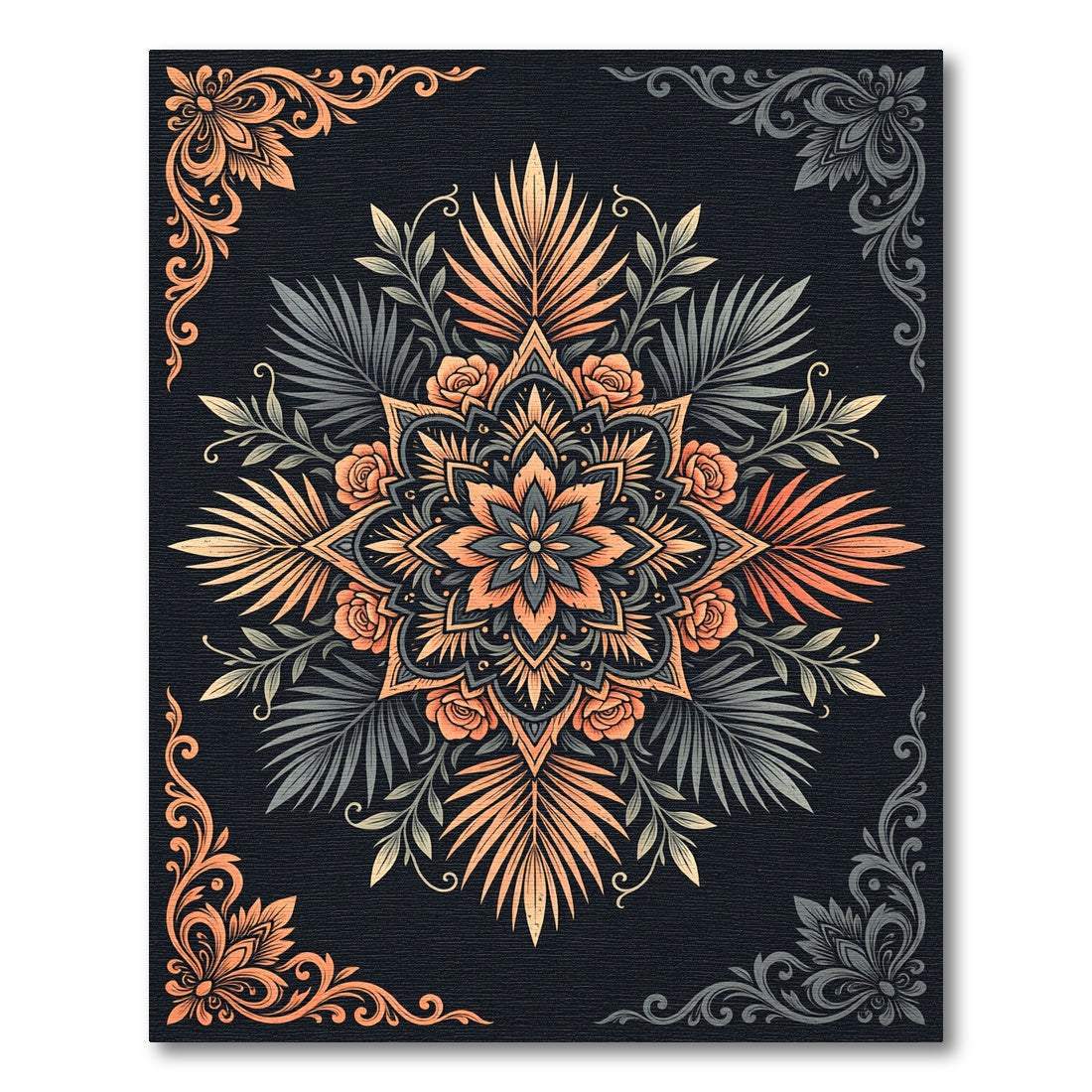 Coral Orange Floral Mandalas with Foliage Rug