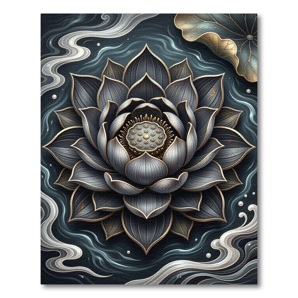 Elegant Dark Lotus Gold Petal Floral Rug