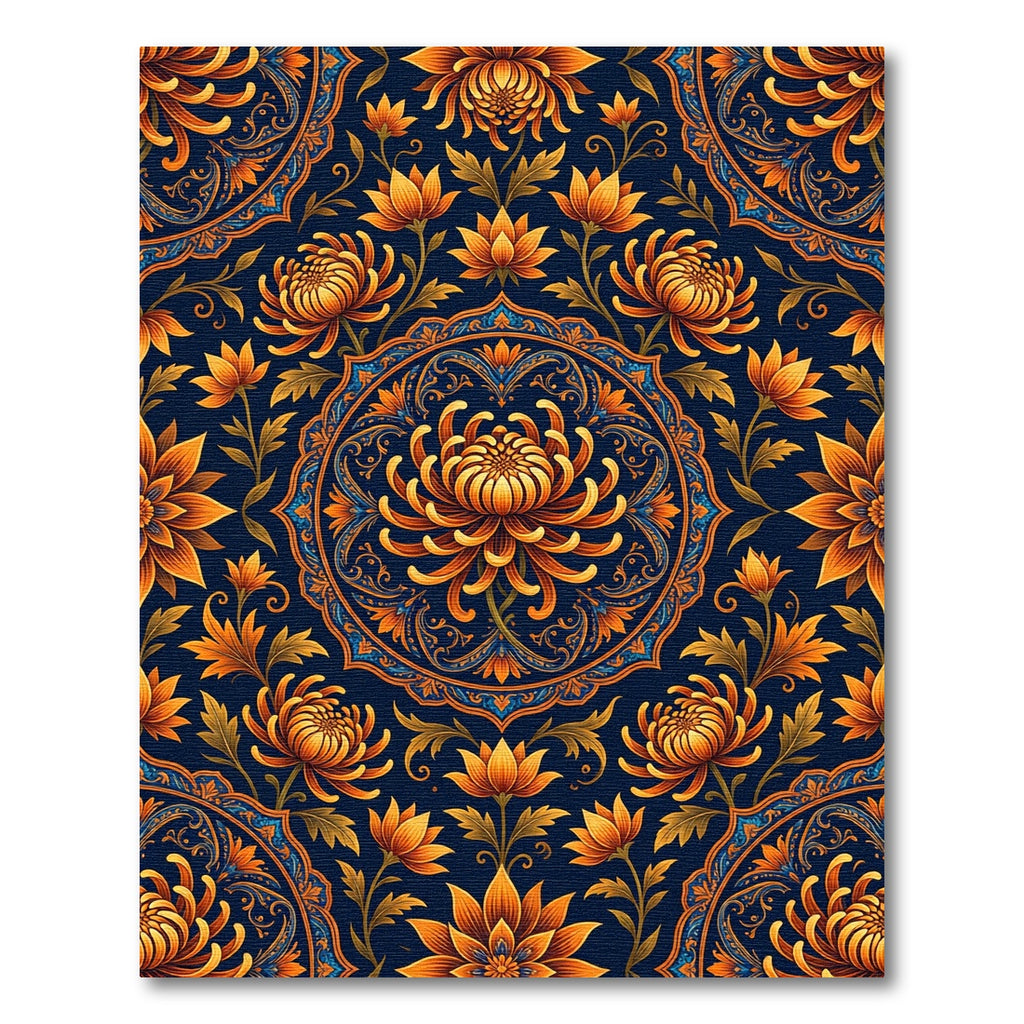 Orange Chrysanthemum Medallion Navy Rug