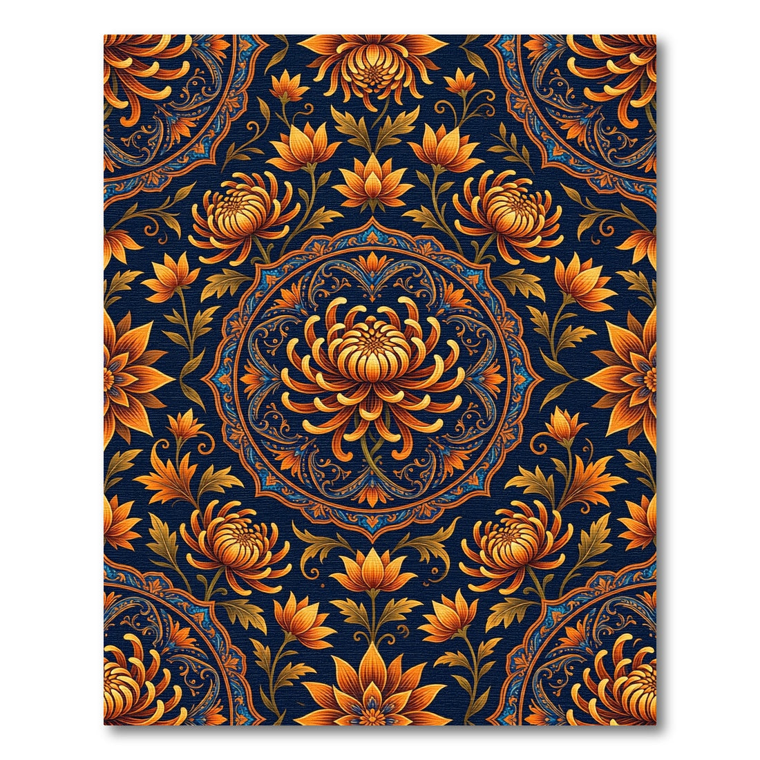 Orange Chrysanthemum Medallion Navy Rug