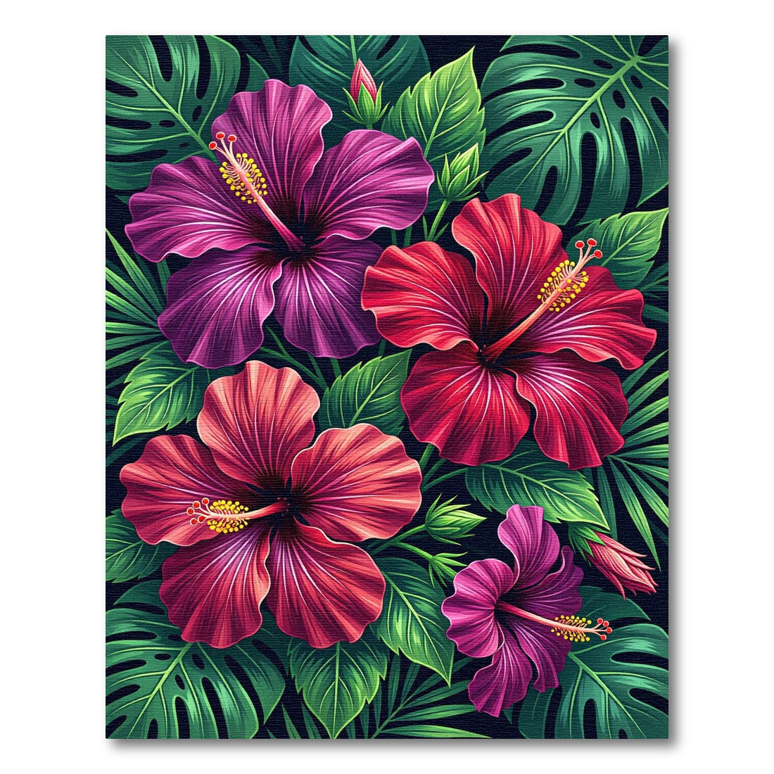 Vibrant Magenta Red Hibiscus Foliage Rug