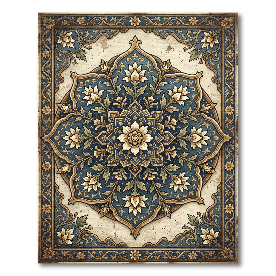 Intricate Navy Golden Floral Medallion Rug