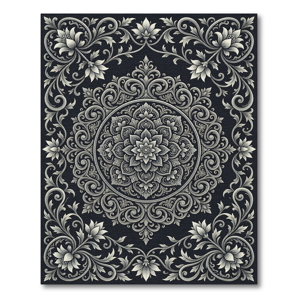 Ornate Silver Floral Medallion Rug
