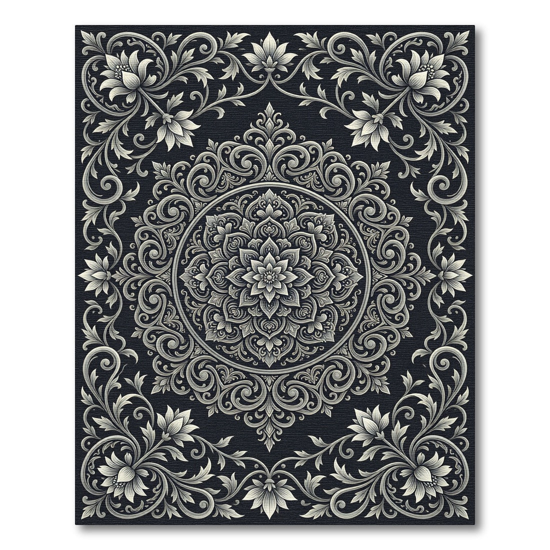 Ornate Silver Floral Medallion Rug