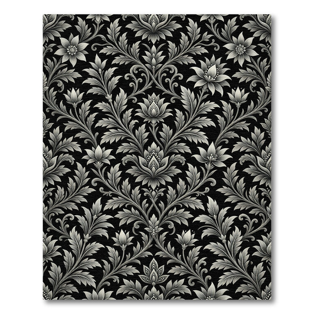 Monochrome Floral Scrollwork Damask Rug