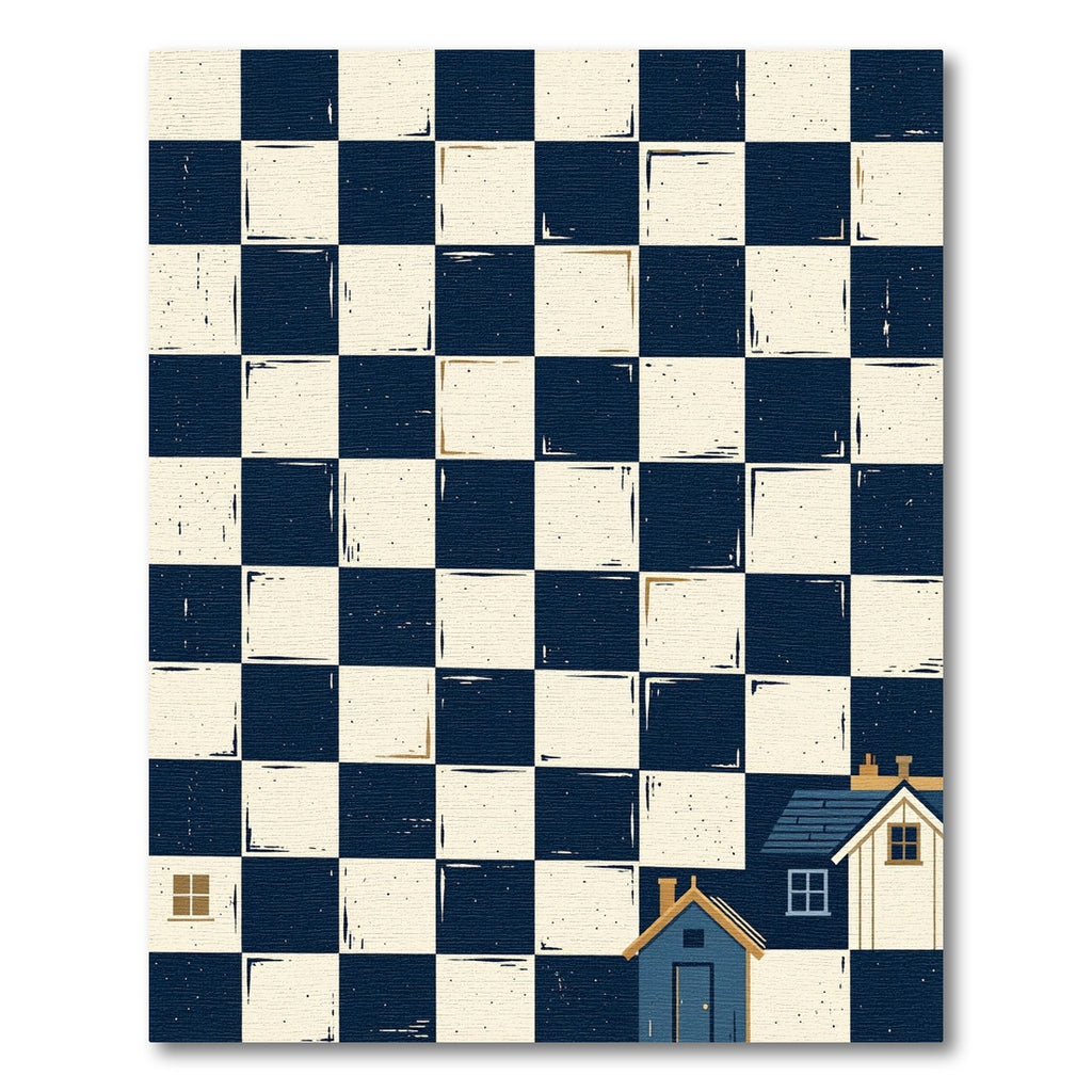 Blue and Cream Whimsical House Checkered Rug