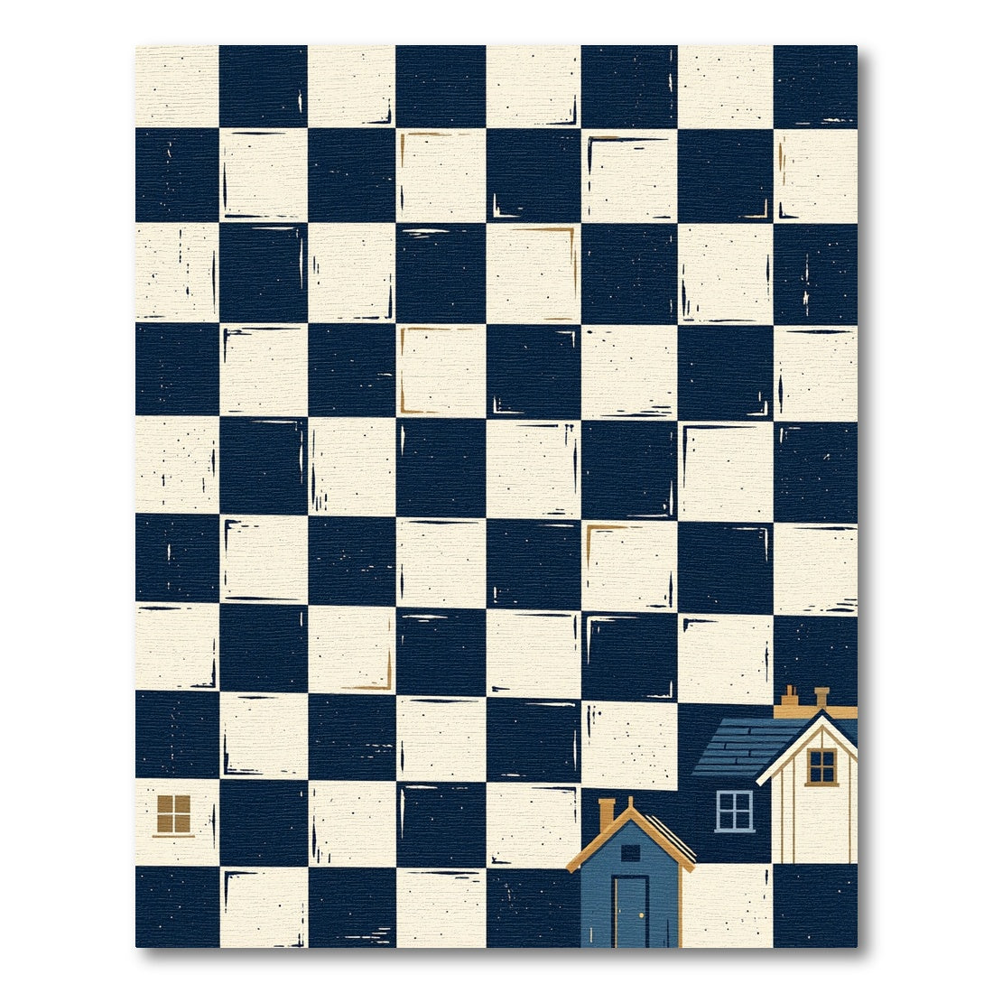 Blue and Cream Whimsical House Checkered Rug