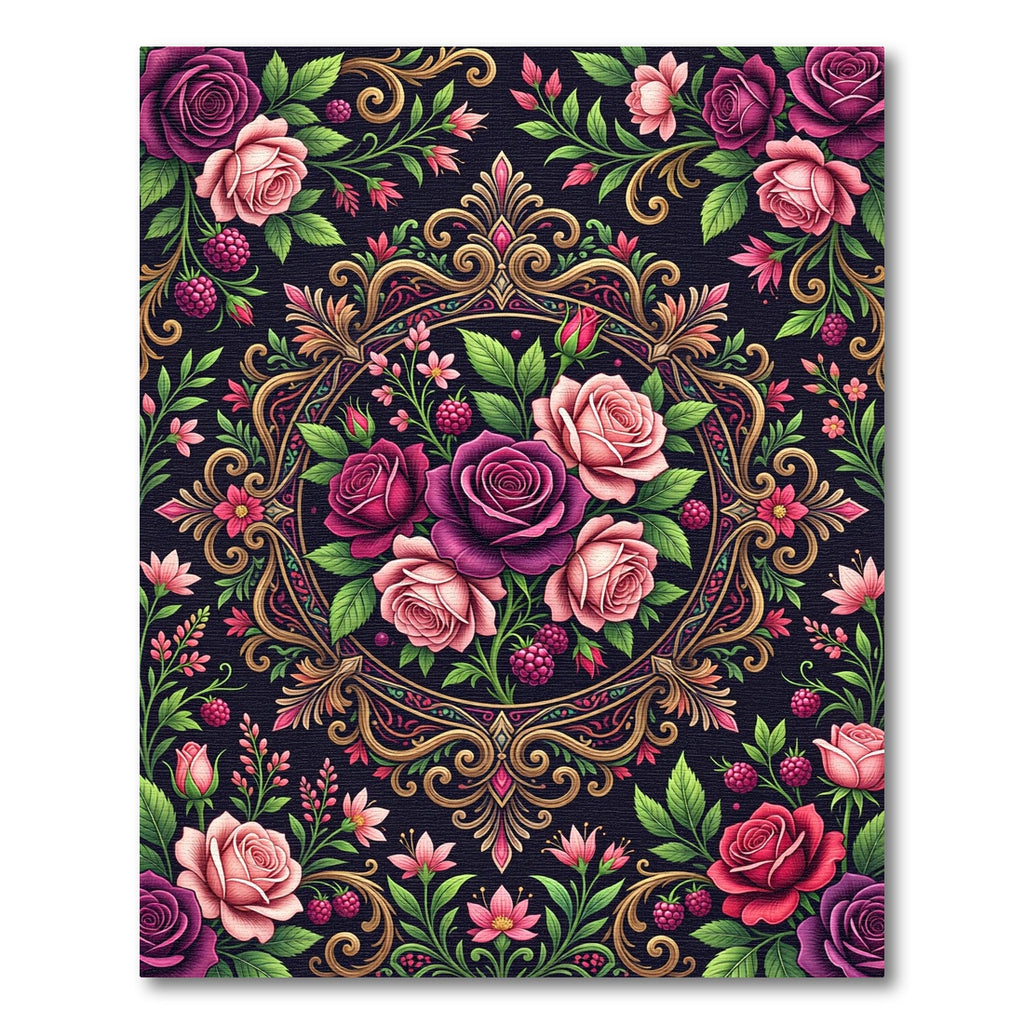 Romantic Gold Framed Rose Berry Medallion Rug