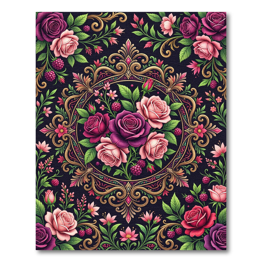 Romantic Gold Framed Rose Berry Medallion Rug