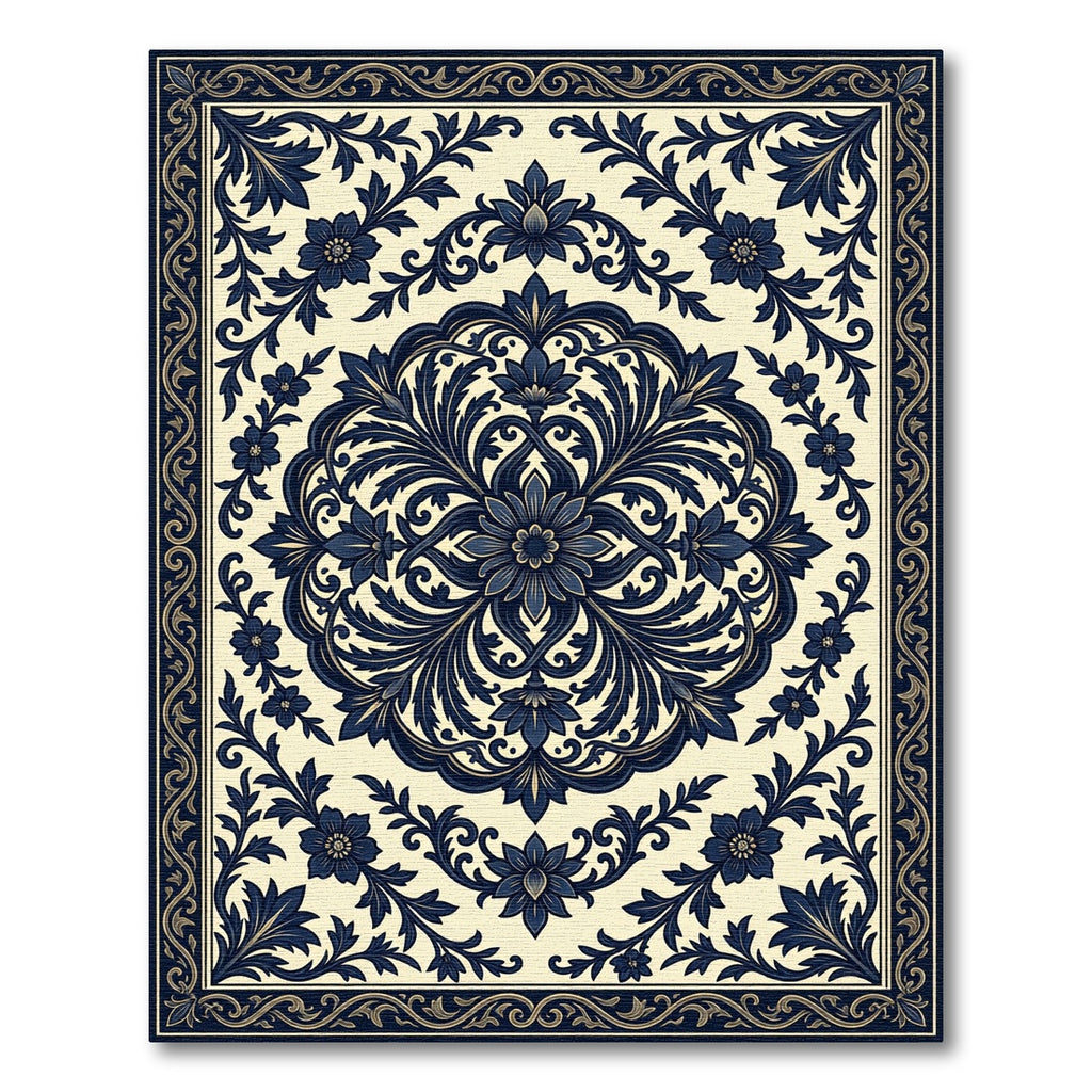 Elegant Midnight Blue Floral Damask Rug