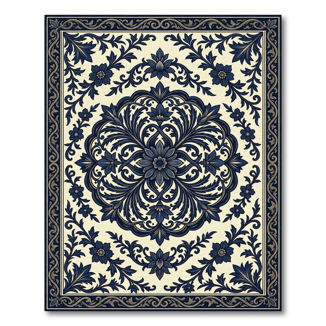 Elegant Midnight Blue Floral Damask Rug