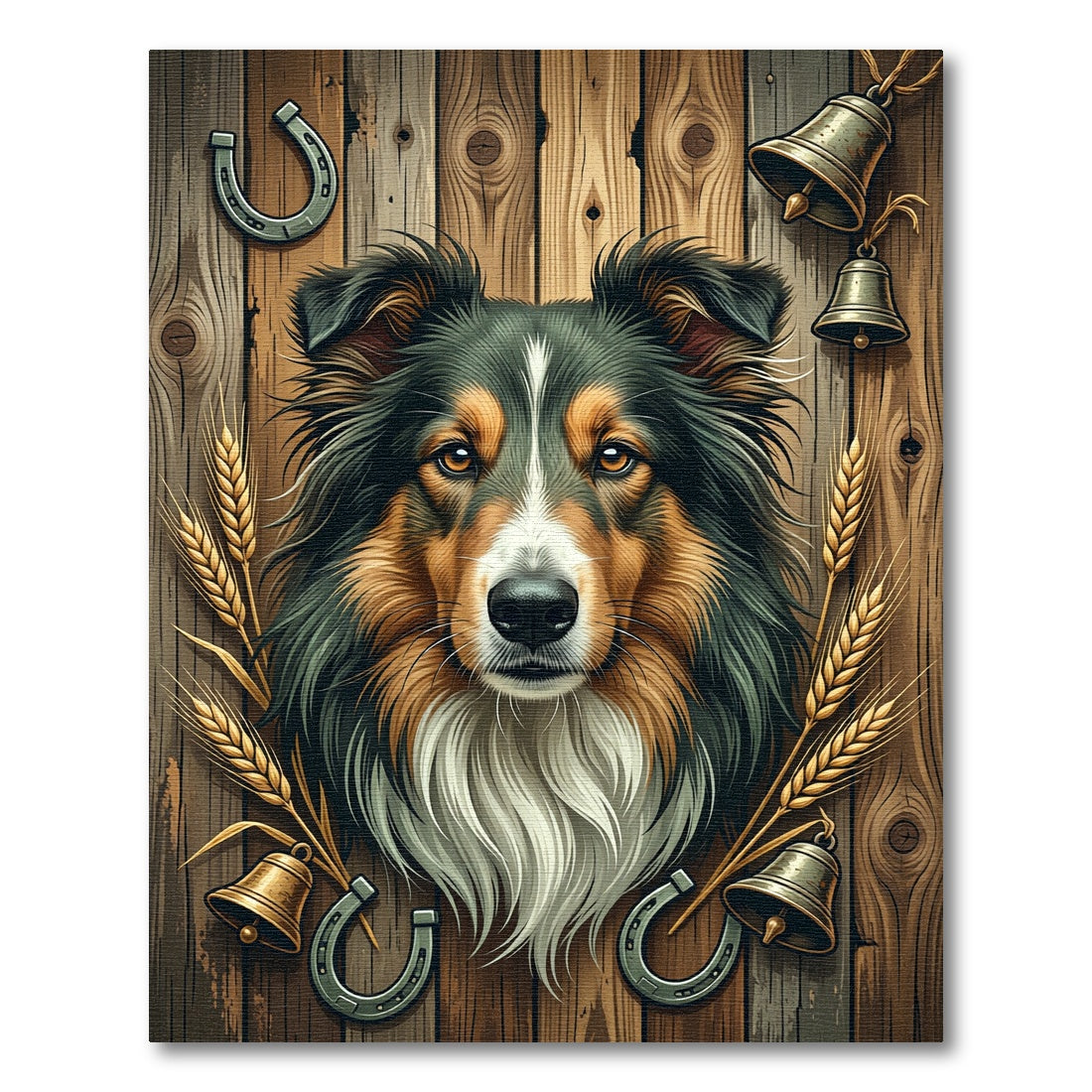 Rustic Collie Portrait with Golden Wheat Rug