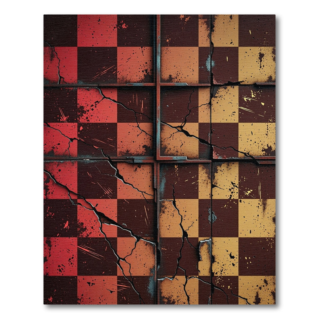 Crimson Amber Cracked Checkerboard Rug