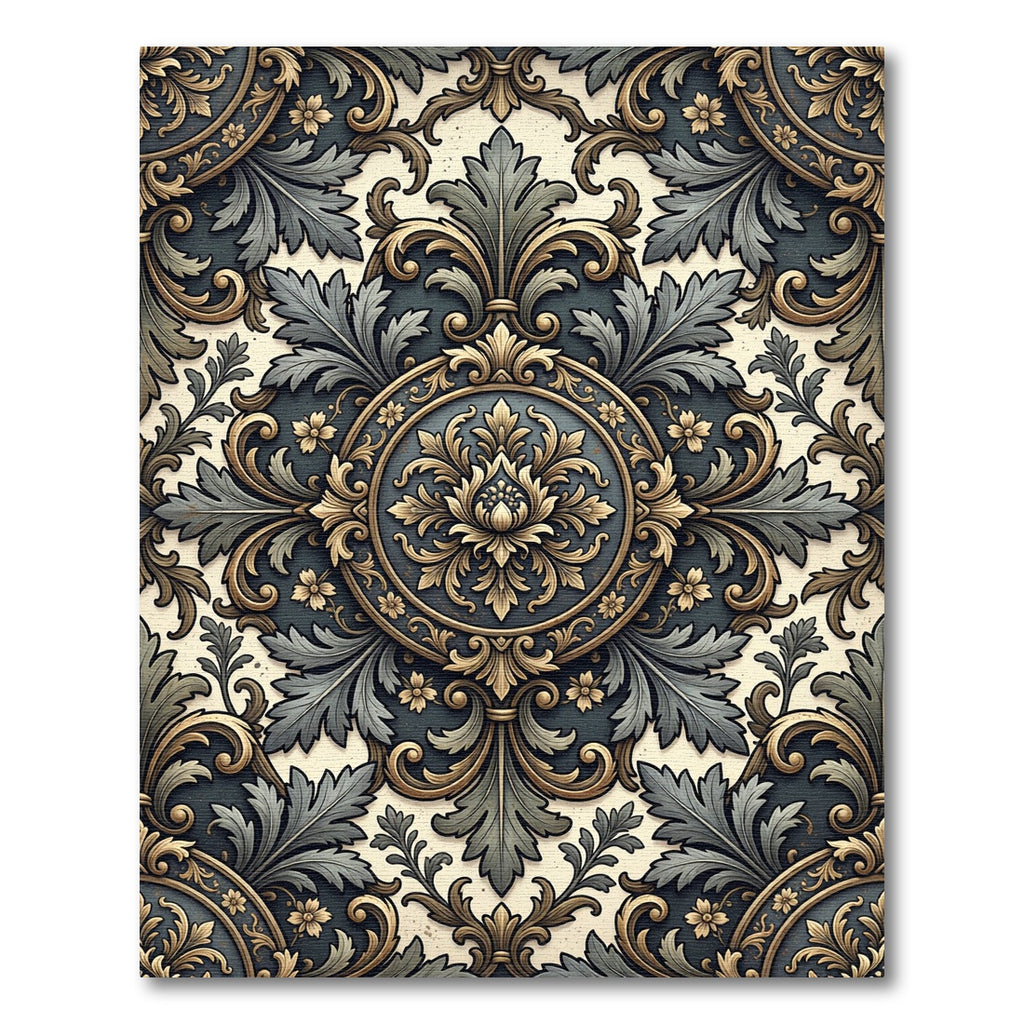 Ornate Gold and Slate Floral Medallion Rug