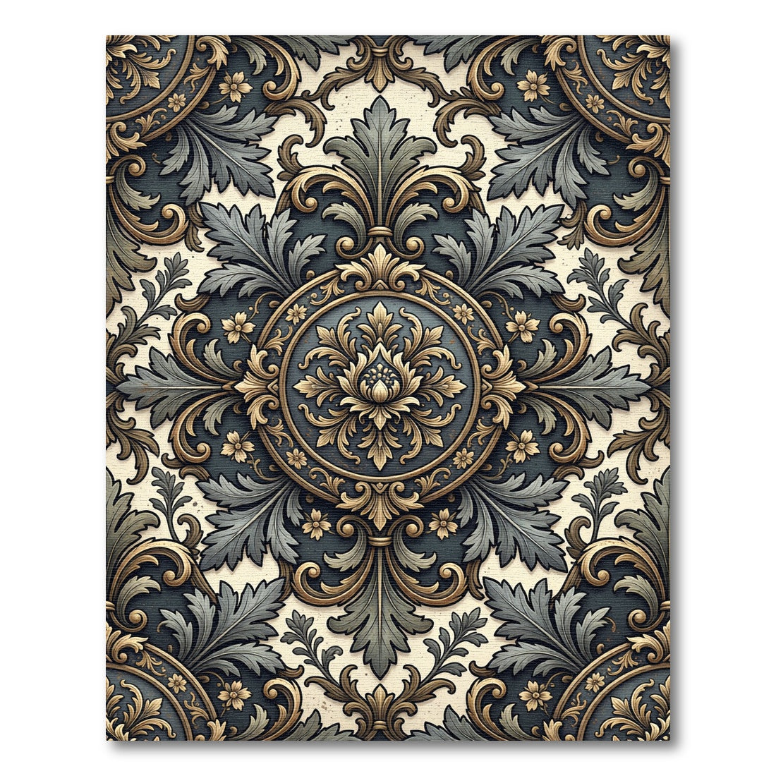 Ornate Gold and Slate Floral Medallion Rug