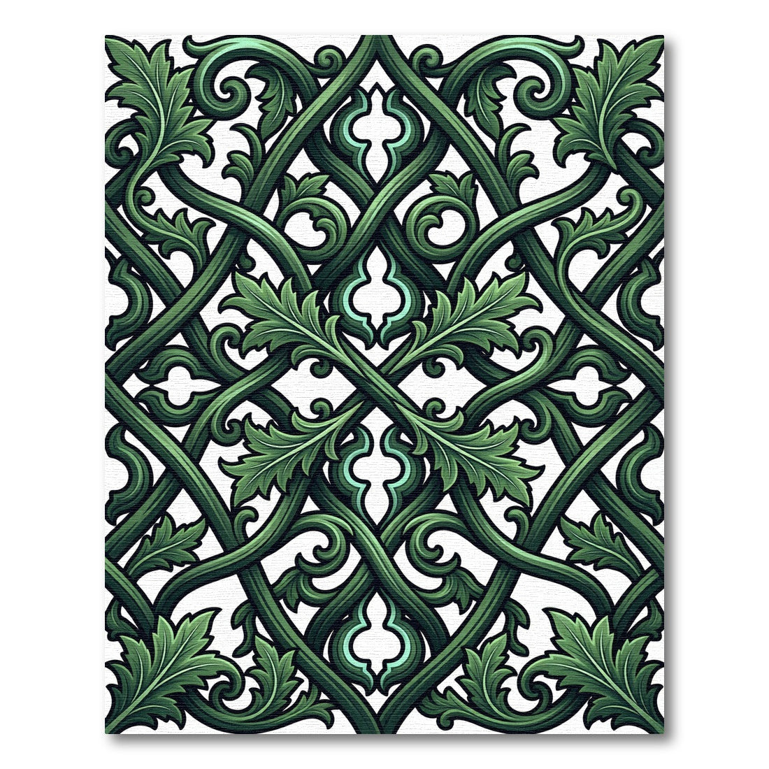 Deep Green Ornate Scrollwork Lattice Rug