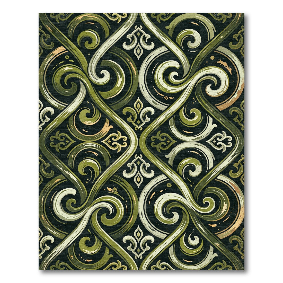 Olive Green Scrolling Damask Swirl Rug