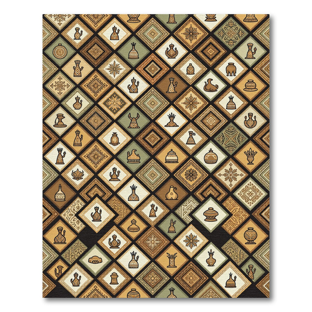 Earth Tone Geometric Diamond Artifact Mosaic Rug