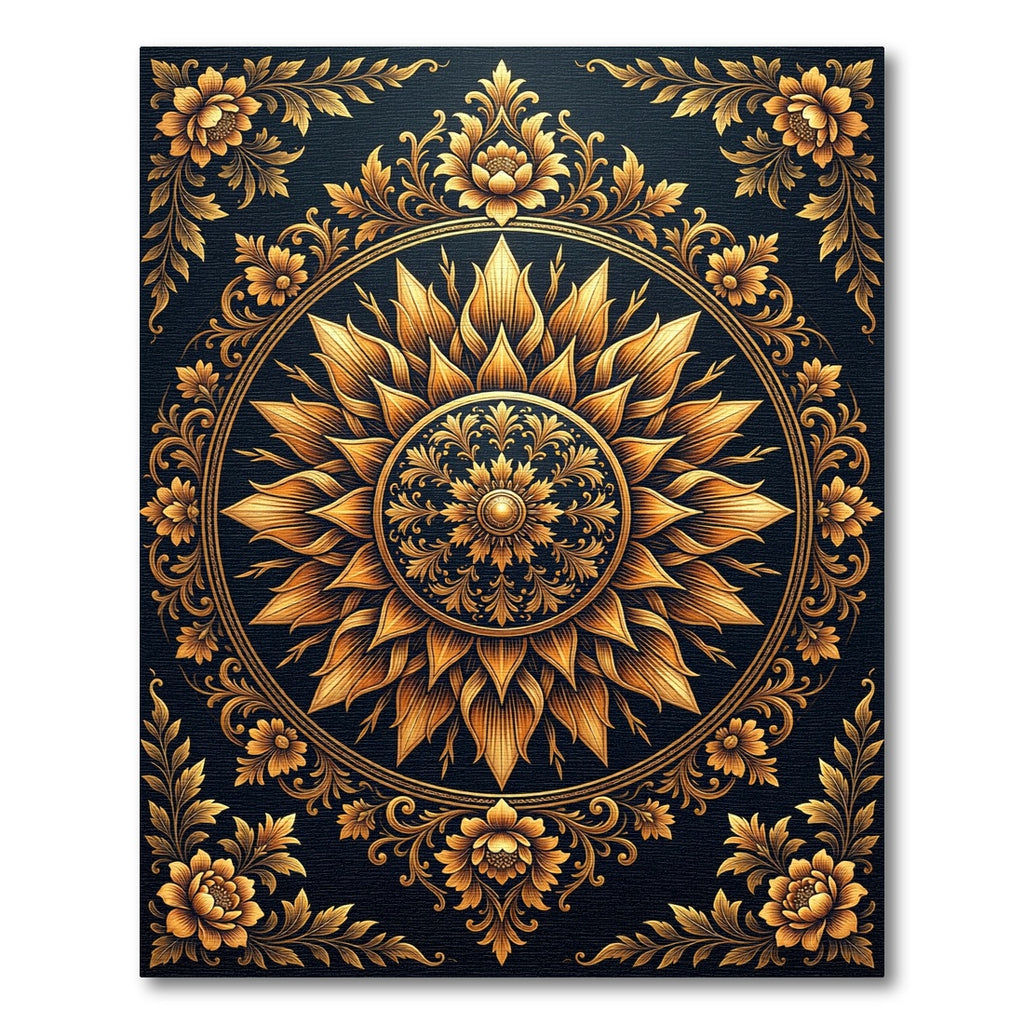 Golden Ornate Floral Sunburst Medallion Rug