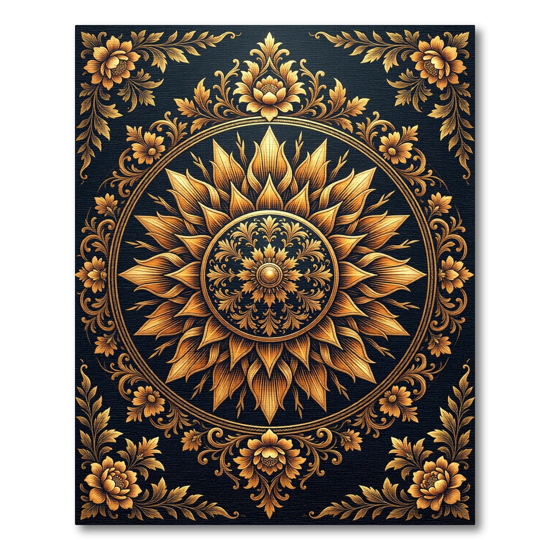 Golden Ornate Floral Sunburst Medallion Rug