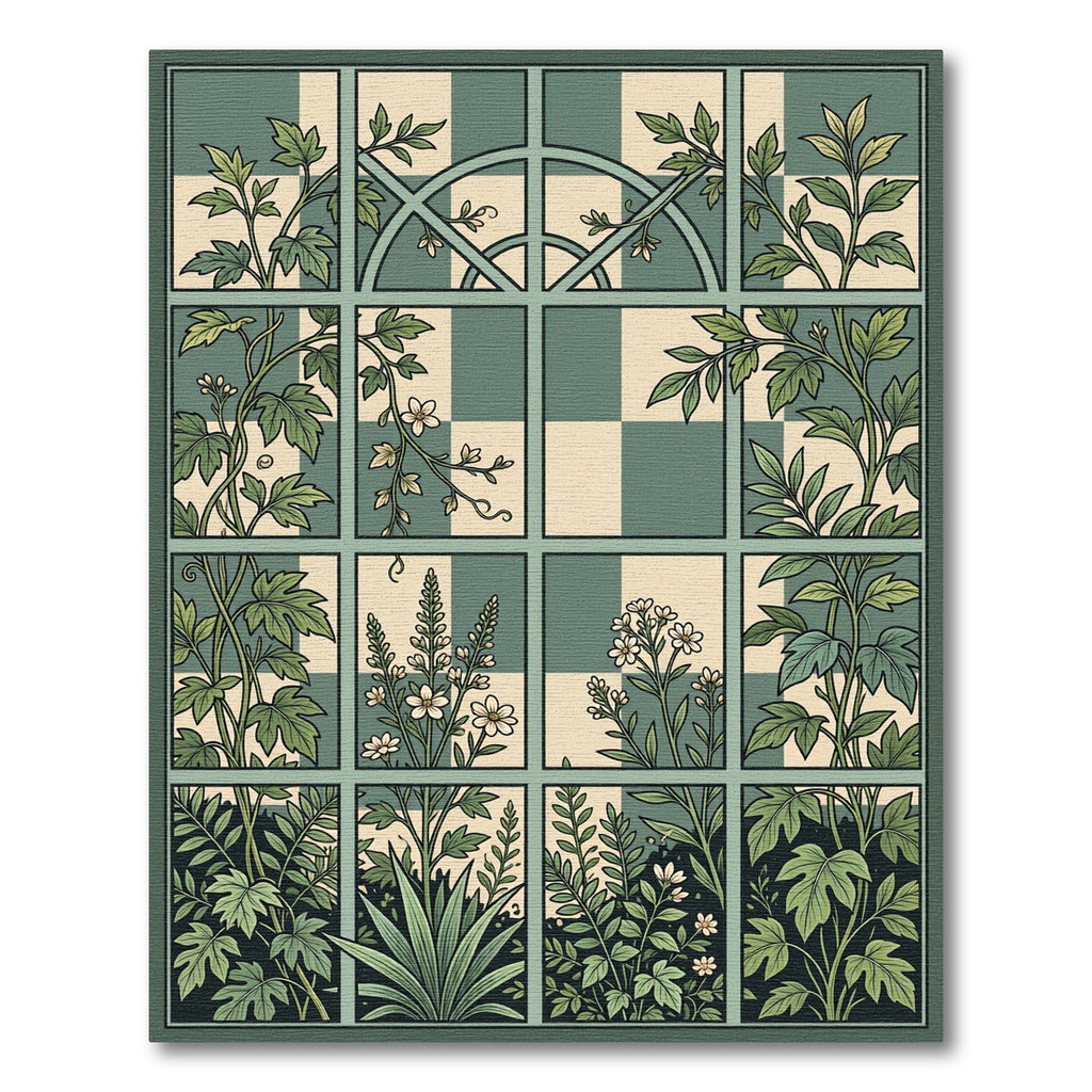 Green Floral Botanical Window Panes Rug