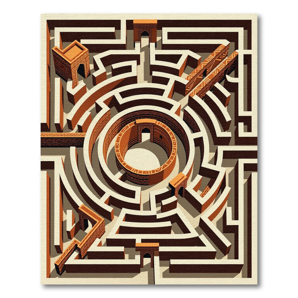Terracotta Labyrinth Geometric Abstract Architectural Art Rug