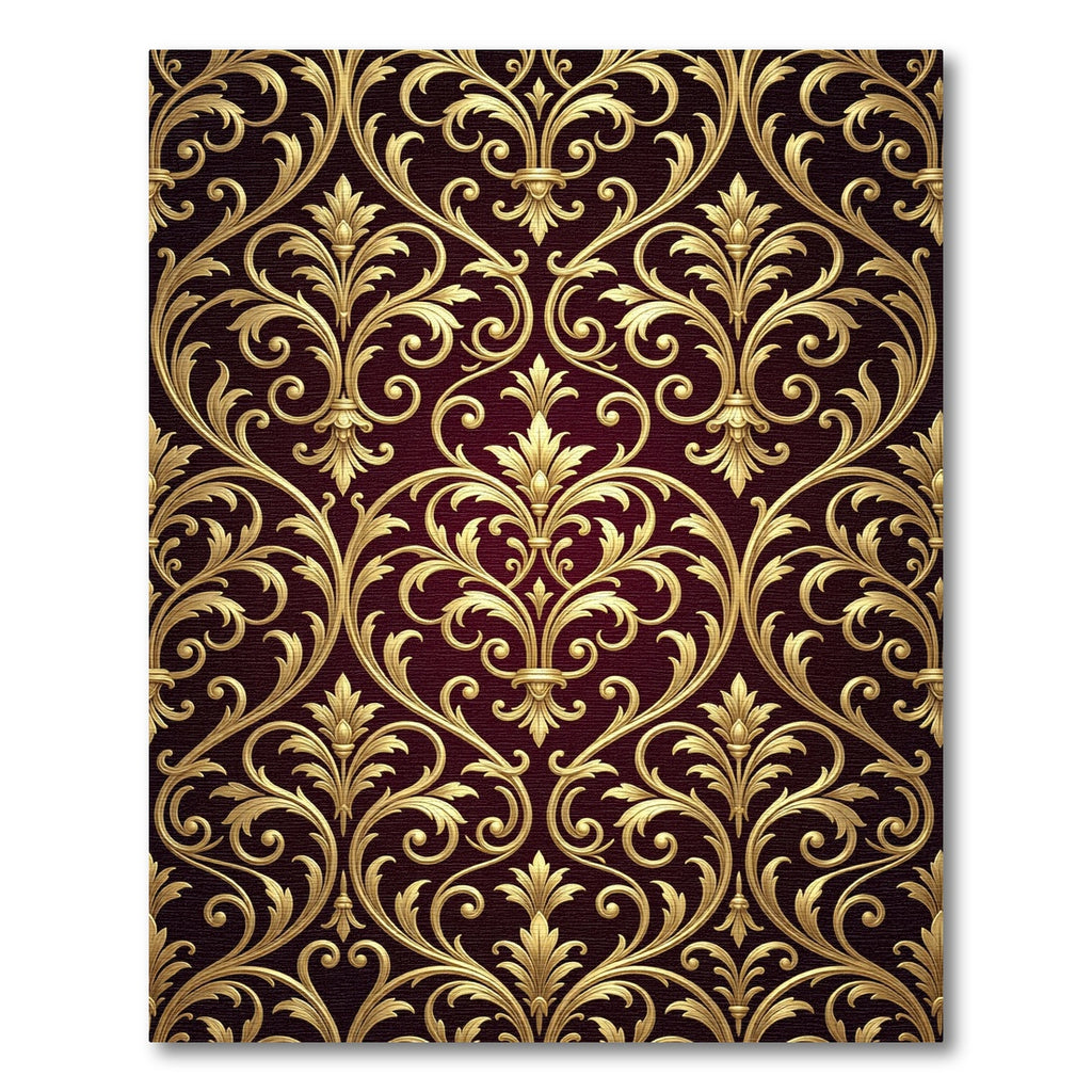 Ornate Gold Damask Burgundy Scrollwork Rug