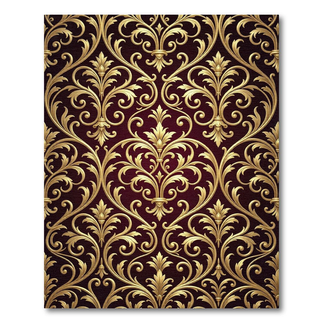 Ornate Gold Damask Burgundy Scrollwork Rug