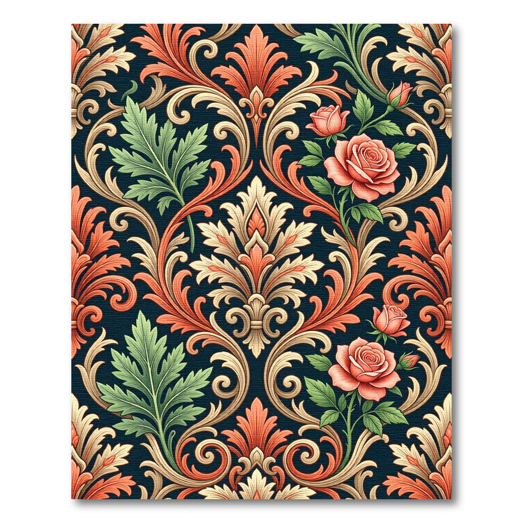 Coral Rose Scrolling Acanthus Damask Rug