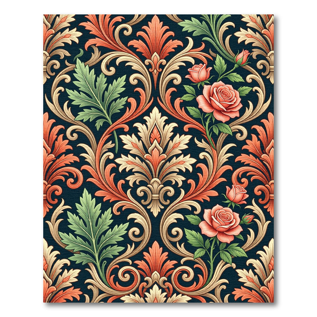 Coral Rose Scrolling Acanthus Damask Rug