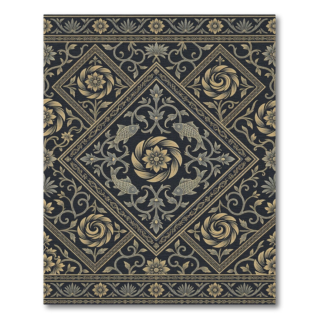 Vintage Golden Fish Floral Medallion Rug