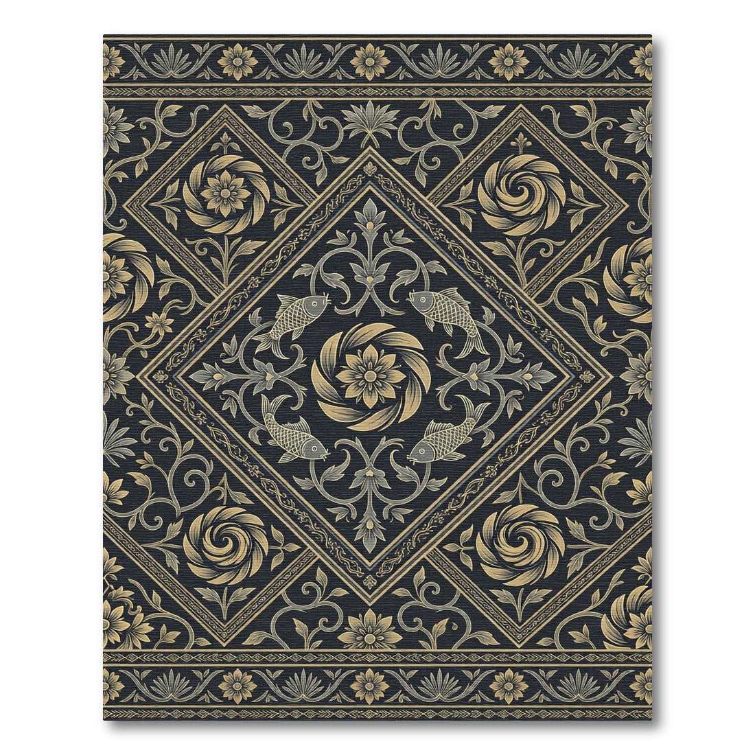 Vintage Golden Fish Floral Medallion Rug