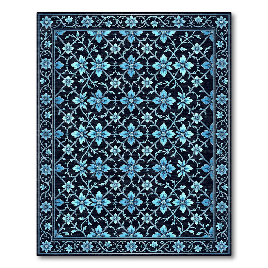 Elegant Azure Floral Lattice Grid Rug