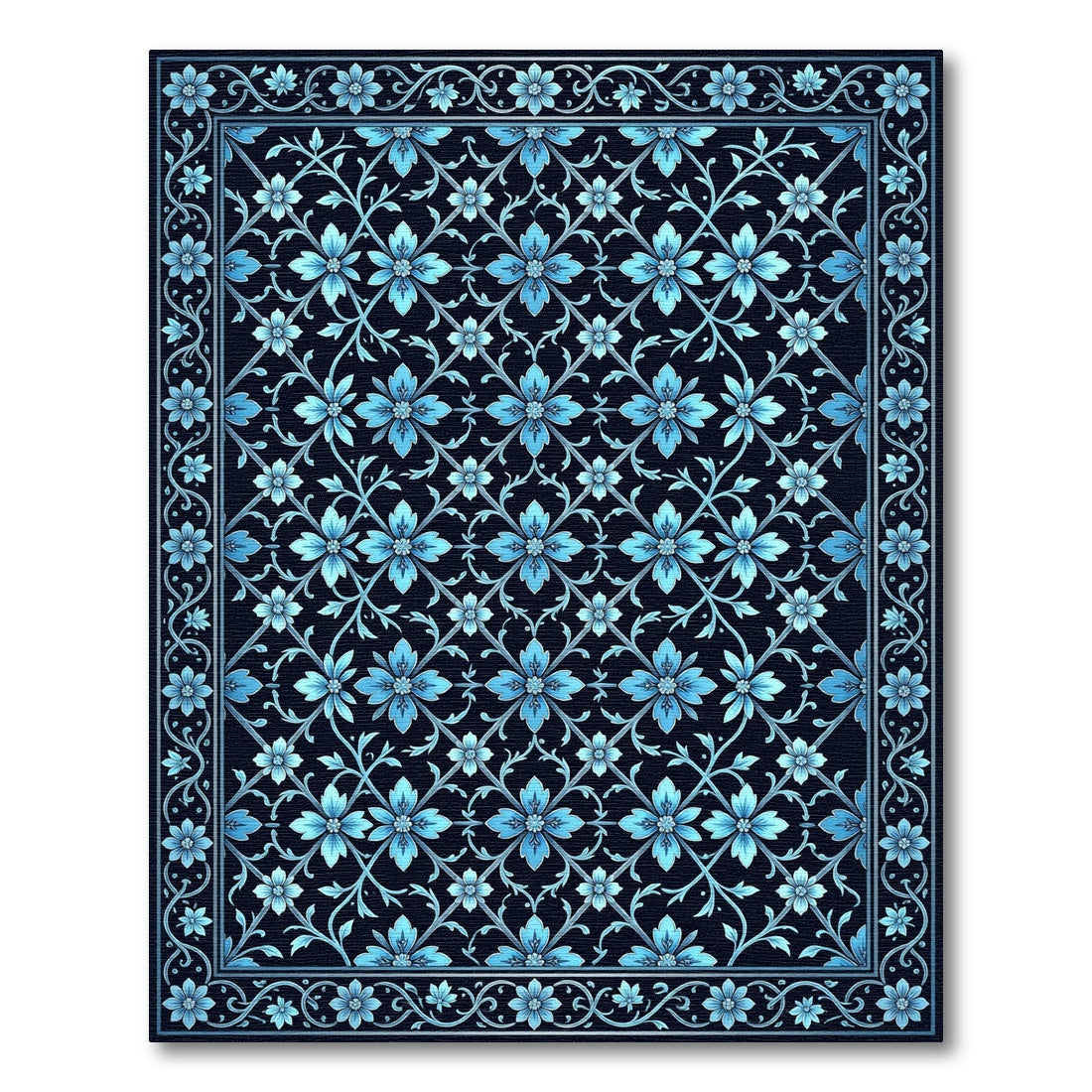 Elegant Azure Floral Lattice Grid Rug